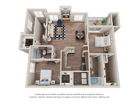 Floor plan for 2 beds, 2 baths, 1025 sqft